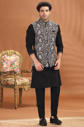 Black Silk Embroidered Kurta Pajama with Jacket